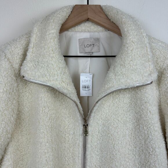 Loft Teddy Coat Jacket Womens Large Cream Boucle Faux Fur Zip Pockets Ladies New - Picture 2 of 13